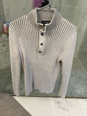 Express Light Gray Ribbed Button Mock-Neck Sweater